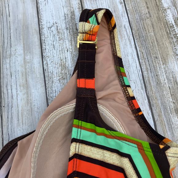 Tara Grinna Swimsuit Sz 14 One Piece Faux Wrap Brown Orange Retro Geometric - Picture 8 of 15